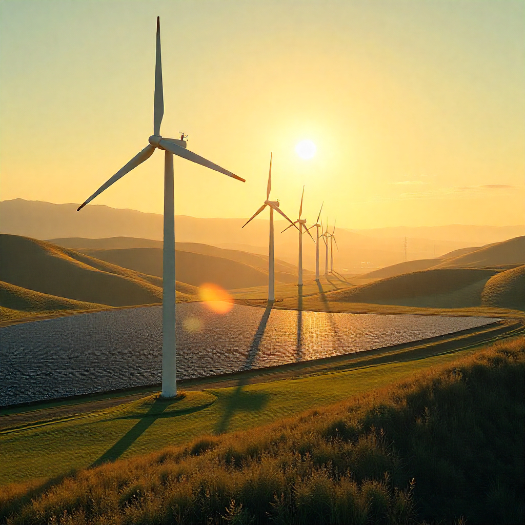 Turbiny wiatrowe stojące nad farmą słoneczną w pagórkowatym krajobrazie o zachodzie słońca