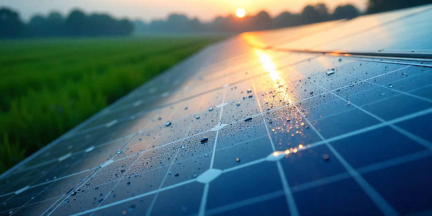 Panel słoneczny pokryty kroplami rosy w promieniach wschodzącego słońca